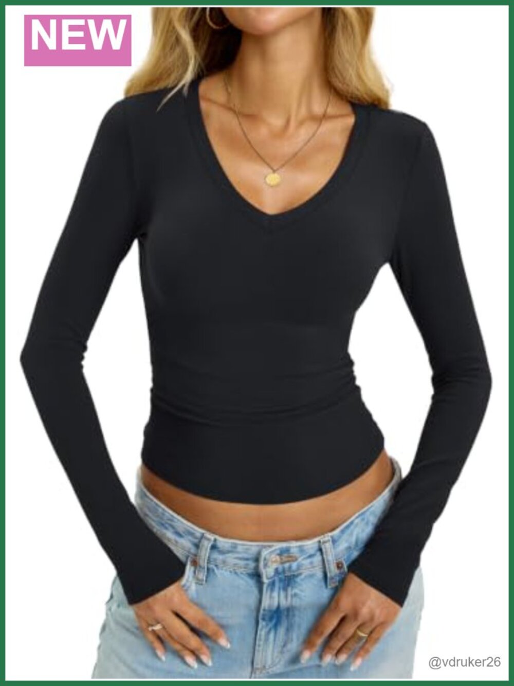 Womens Cotton Long Sleeve V Neck Fitted Top Slim Fit Pullover